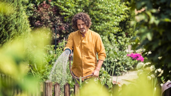 man is watering his garden flowers 